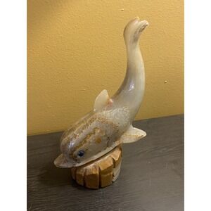 Vintage Gray Marble Stone Dolphin Sculpture Blue Eyes‎ on Marble Base 9"